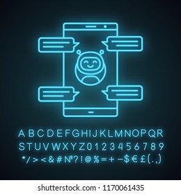 Chatbot with speech bubbles neon light icon. Messenger bot chatting on smartphone. Modern robot. Virtual assistant. Glowing sign with alphabet, numbers and symbols. Vector isolated illustration