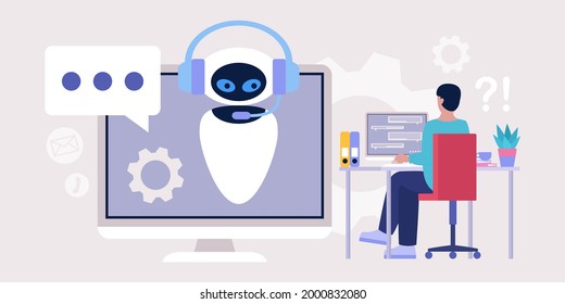 Concepto de apoyo a los bots de charla. Consultas de caracteres con asistente virtual. Ilustración plana colorida