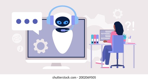 Chatbot support concept. Character consults with virtual assistant. Colorful flat illustration