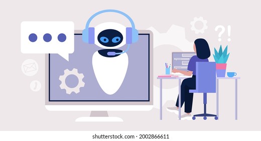 Concepto de apoyo a los bots de charla. Consultas de caracteres con asistente virtual. Ilustración plana colorida