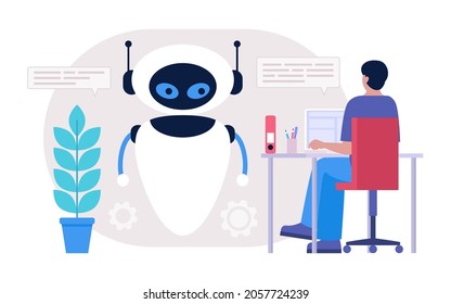 Chatbot support concept. Character consults with virtual assistant. Colorful flat illustration
