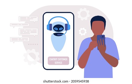 Chatbot support concept. Character consults with virtual assistant. Colorful flat illustration