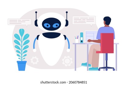 Chatbot-Support-Konzept. Der Charakter berät mit virtuellem Assistenten. Farbige Flachgrafik