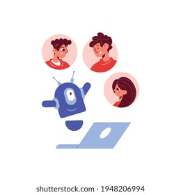 Chatbot support flat concept with smiling robot laptop and people faces vector illustration