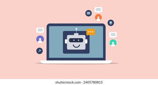 Chatbot support, Chatbot providing customer support online, artificial intelligence for business solution - vector illustration background with icons