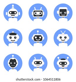 Chatbot symbol, logo template. Robot icon set. Bot sign design. Modern vector flat style cartoon character illustration. Isolated on white 