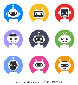 Chatbot symbol, logo template. Robot icon set. Bot sign design. Modern vector flat style cartoon character illustration. Isolated on white 