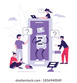 Chatbot technical support artificial intelligence software flat background composition with robot answering customer questions vector illustration 