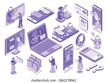 Chatbot technical support set with technology symbols isometric isolated vector illustration