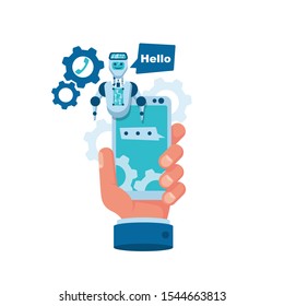 Chatbot from technical support. Smartphone holding in hand. Modern banner for the web site. Chatbot, artificial intelligence, customer support, hotline with bot. Vector illustration flat design. 