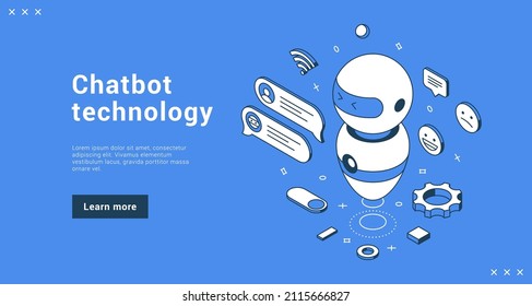 Chatbot technology artificial intelligence innovation and neural network business support online assistant landing page isometric vector illustration. Robot bot automation conversation service machine