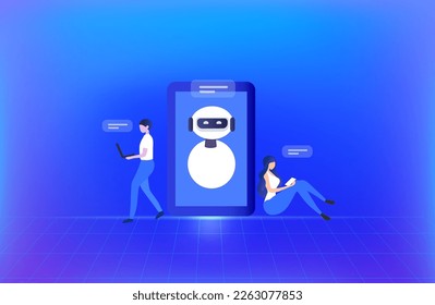 Chatbot technology concept, couple chatting with robot, asking questions and receiving answers. AI assistant support vector illustration