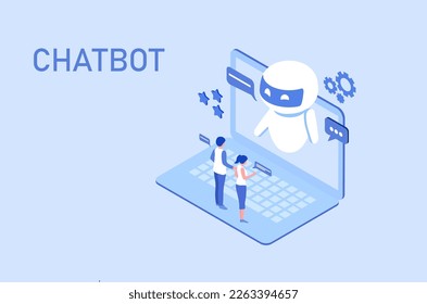 Concepto de tecnología de bots de charla, pareja charlando con robots, haciendo preguntas y recibiendo respuestas. Ilustración vectorial del asistente de IA