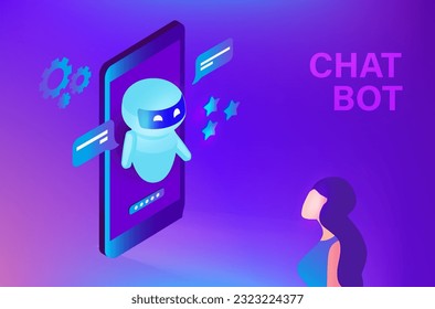 Chatbot technology concept, couple chatting with robot, asking questions and receiving answers. AI assistant support vector illustration