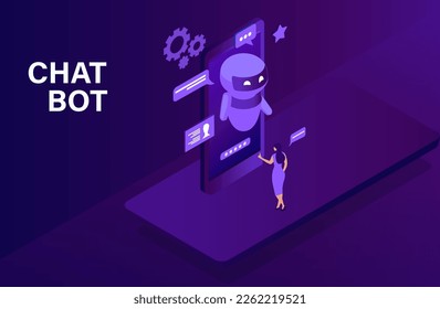 Chatbot technology concept, woman  Characters chatting with robot, asking questions and receiving answers. AI assistant support vector illustration