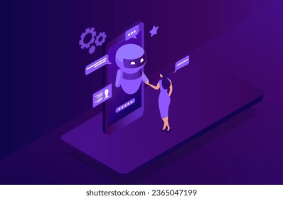 Chatbot technology concept, woman  Characters chatting with robot, asking questions and receiving answers. AI assistant support vector illustration