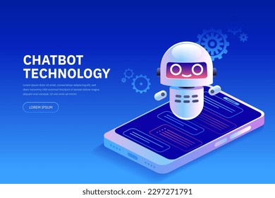 Chatbot technology Cute cartoon robot AI content generator Technology and engineering AI chat bot based on artificial intelligence and neural networks Online training Vector isometric illustration