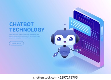 Chatbot technology Cute cartoon robot AI content generator Technology and engineering AI chat bot based on artificial intelligence and neural networks Online training Vector isometric illustration