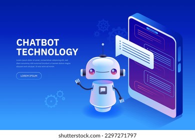 Chatbot technology Cute cartoon robot AI content generator Technology and engineering AI chat bot based on artificial intelligence and neural networks Online training Vector isometric illustration