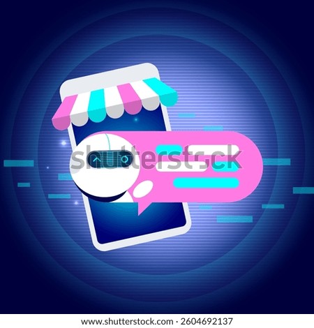 Chatbot technology with a futuristic theme. A cute AI robot interacts with a smartphone displaying a speech bubble, surrounded by glowing digital elements.