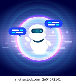 A chatbot technology with a futuristic theme, featuring a cute AI robot interacting with the screen through speech bubbles, surrounded by glowing digital elements.