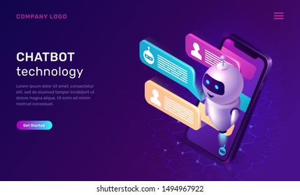 Chatbot technology, isometric concept vector illustration. Website landing page with mobile phone, artificial intelligence, robot looking out and text bubble or message icons, ultraviolet web banner.