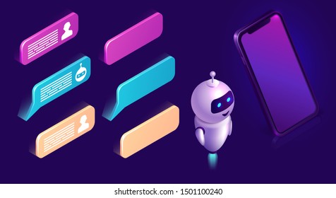 Chatbot technology, isometric set vector illustration. Ultraviolet background with mobile phone, artificial intelligence or robot figure, text bubble or message icons, interface design elements