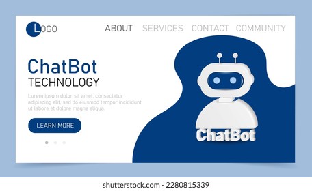 Chatbot technology landing page or website template.  Chatbot app development, bot development framework, chatbot programming concept. Vector illustration