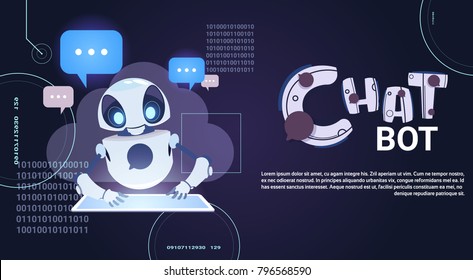 Tecnología Chatbot, Robotic Chatter Usando Asistencia Virtual Digital Tablet Y Un Banner De Plantilla De Concepto De Soporte Web Con Ilustración De Vector Plano De Espacio Copia