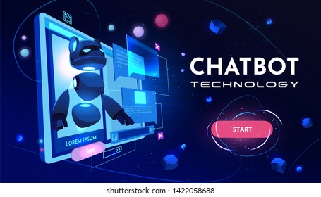 Chatbot technology service cartoon vector web banner, landing page template. Artificial intelligence bot, virtual assistant answering questions, communicating with internet users online illustration.