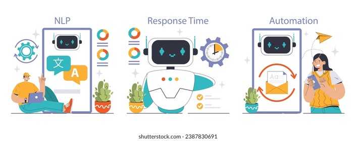 Chatbot technology set. NLP algorithms, swift reply metrics, and digital task automation. Man interacts with AI assistant. User queries, machine learning, efficient communication. vector illustration