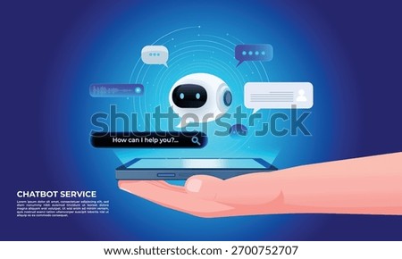 Chatbot technology for smartphones, futuristic AI-powered virtual assistant for customer service,  includes prompt bar. Futuristic intelligent search automation, AI chatbot, digital business support