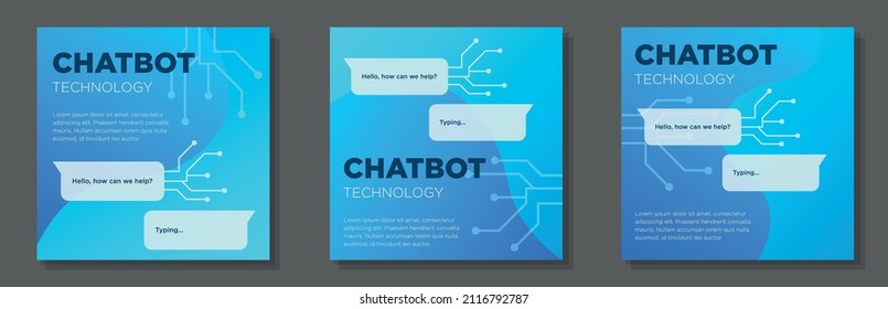 Chatbot technology social media post, banner set, artificial intelligence advertisement concept, robot chat marketing square ad, abstract print, isolated on background.