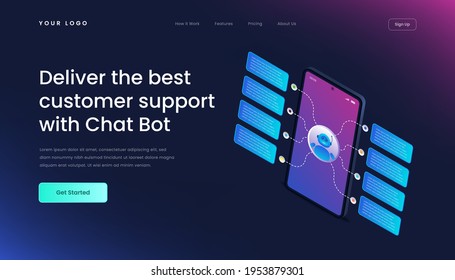 Chatbot technology website template landing page gradient 3d isometric vector illustration