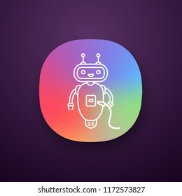 Chatbot with USB cable app icon. UI/UX user interface. Talkbot with USB slot plugs to cable. Modern robot. Virtual assistant. Online helper. Web or mobile application. Vector isolated illustration