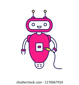 Chatbot with USB cable color icon. Talkbot with USB slot plugs to cable. Modern robot. Virtual assistant. Online helper. Isolated vector illustration