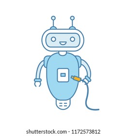 Chatbot with USB cable color icon. Talkbot with USB slot plugs to cable. Modern robot. Virtual assistant. Online helper. Isolated vector illustration