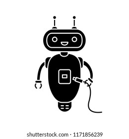 Chatbot with USB cable glyph icon. Silhouette symbol. Talkbot with USB slot plugs to cable. Modern robot. Virtual assistant. Online helper. Negative space. Vector isolated illustration