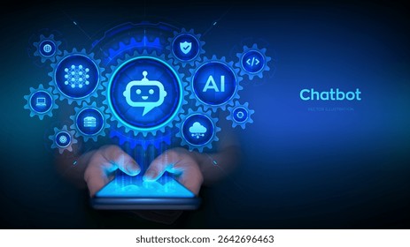 Chatbot. Using Chatbot app on smartphone. Smart assistant. Chatbot assistant conversation. AI. Artificial Intelligence and mobile technology concept. Neural network. AI agent. Vector illustration.