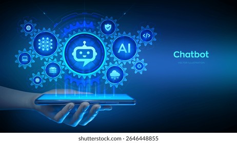 Chatbot. Usando o aplicativo Chatbot no smartphone. Assistente inteligente. Conversa de assistente do Chatbot. IA Inteligência artificial e conceito de tecnologia móvel. Rede neural. Agente de IA. Ilustração vetorial.