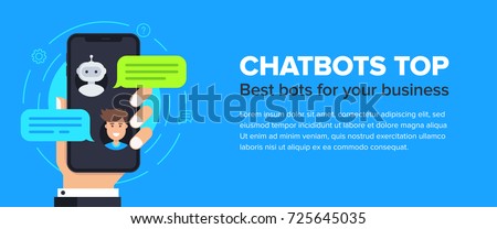 Chatbot vector flat banner design. Horizontal business banner template with illustration of man chatting with chat bot in smartphone. Vector cover header background template in flat style with place f