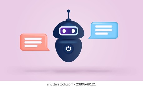 Ilustración vectorial de Chatbot - Carácter robot Ai con burbujas de voz en diseño semi plano sobre fondo rosa claro