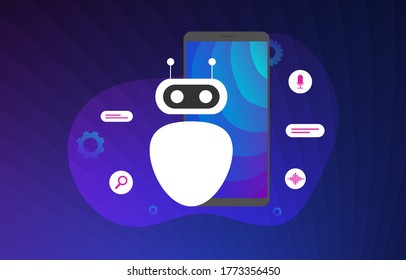 Chatbot vector illustration with bot and mobile phone, great design for any purposes. Ai chatbot artificial intelligence concept for support and assistance. Futuristic social media app with robot.