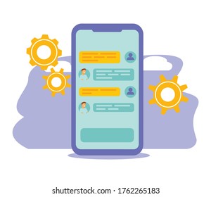  Chatbot vector illustration. Flat tiny virtual smartphone conversation persons concept. AI robot assistant for user correspondence. Simulated question or answer service. Artificial software discussio