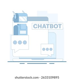 Chatbot vector illustration. Futuristic concept of talking AI chatbot screen. Chatting with chatbot app. AI robot assistant, artificial intelligence robot assistant, online customer support.