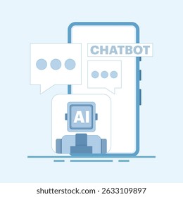 Chatbot, Vektorgrafik. Futuristisches Konzept des Sprechens KI-Chatbot-Bildschirm. Chatten mit der ChatBot App. KI Roboterassistent, Roboterassistent für künstliche Intelligenz, Online-Kundensupport.