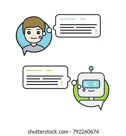 Chatbot vector illustration. Man chatting with support chat bot 