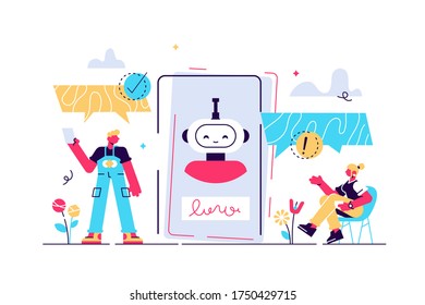Chatbot vector illustration. Mini persons talk with digital robot concept. Artificial intelligence friendship or bonding with human. Smartphone assistant service. Social live speech substitute with AI