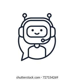 Chatbot vector line icon concept. Cute robot in headphones inside speech bubble. Smiling customer support service robot. Vector icon isolated on white background