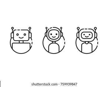 Chatbot vector line icon set. Bot line icon design. Cute smiling robot character icon collection. Modern outline robot characters isolated on white. Vector illustration